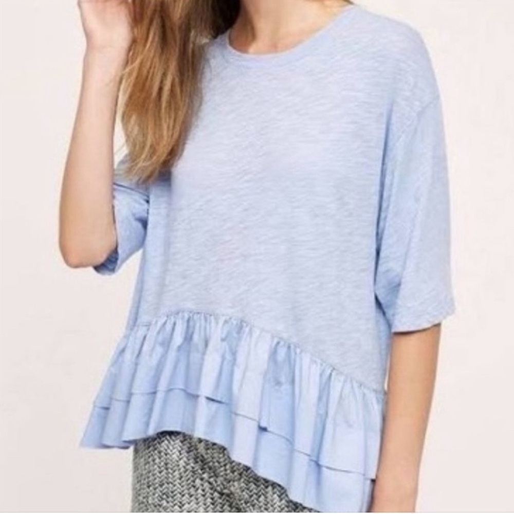 Anthropologie Akemi+Kin blue slub cotton ruffle hem short sleeve tee size small